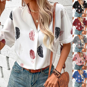 Vrouwen Zomer 6 Kleuren Trendy Modieuze Print Korte Mouw Casual Knoop Voorkant Shirt <span class=keywords><strong>Blouse</strong></span> - Product Image 1