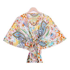 Kaftan en coton tissé fait main pour femmes, col en V, manches longues, coupe ample, tenue décontractée d'été - Product Image 3
