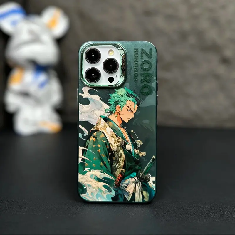 Casing ponsel lapisan elektro warna bingkai perak, casing pelindung kartun Anime Zoro Luffy kualitas tinggi untuk iPhone14 Pro Max Apple 15