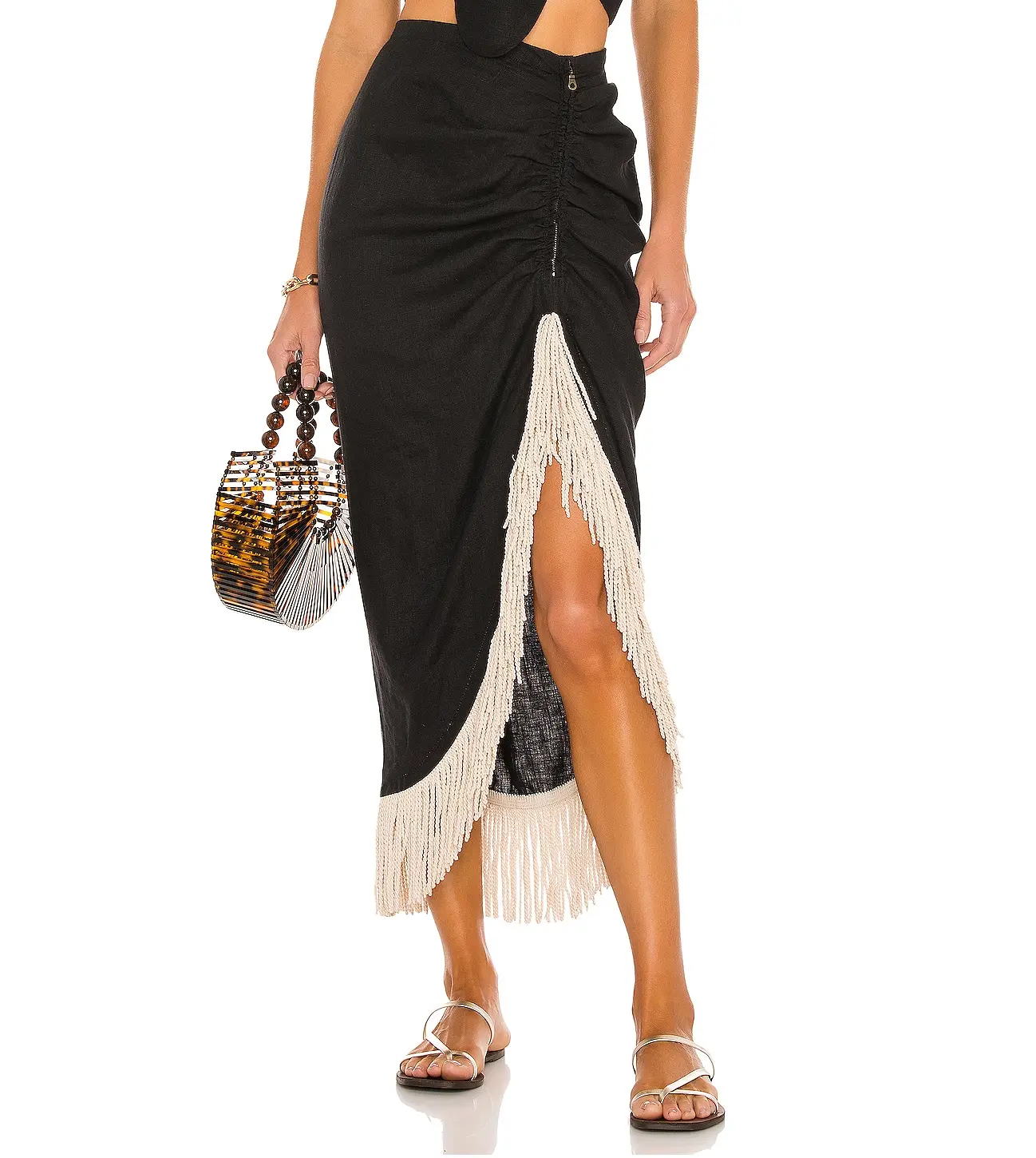 Mujer de moda diseño de alta moda asimétrico Falda corta negro sólido con borlas de gamuza negro borla faldas