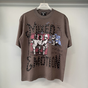 New <b>Top</b> Quality Heavyweight 100% Cotton Mixed EMOTION In Stock American trendy Loose Casual Hip Hop Vintage T-shirt for Men - Product Image 2