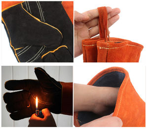 Guantes de barbacoa resistentes al calor y al agua, de piel de vaca, color naranja y negro, con protección reforzada para la palma y el pulgar - Product Image 3