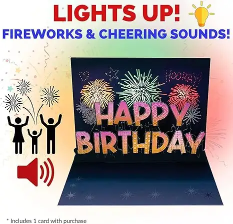 Tarjetas de felicitación de feliz cumpleaños musicales emergentes de fuegos artificiales 3D con velas LED soplables y tarjetas de números de edad