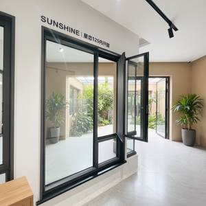 Ventana abatible francesa moderna de doble oscilación, vidrio de aluminio gris con marco de esquina, diseño de giro inclinable para villas - Product Image 1