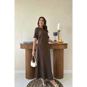 Vestido plisado marrón con cuello redondo, cintura natural, tejido transpirable, vestido informal para diario. - Product Image 3