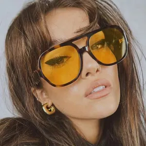 빈티지 큰 프레임 여성 태양 안경 더블 빔 노란색 갈색 렌즈 안경 브랜드 디자이너 유행 여성 안경 선글라스