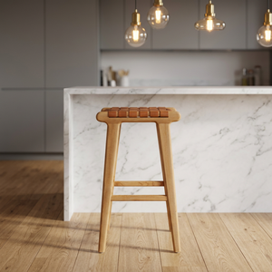 Tabouret de bar en bois avec assise en cuir véritable, chaise de comptoir sans dossier, style moderne et rustique pour îlot de cuisine et café - Product Image 2