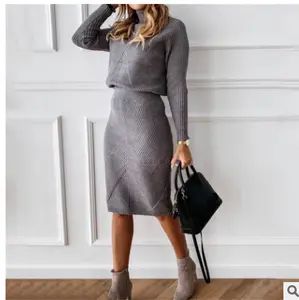 Mode Winter 2 Stuk Geribbelde Gebreide Wollen Trui Coltrui Vrouwen Set Vrouwelijke Elegante Vrouwen Casual Jurken