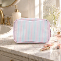 Pochette de maquillage élégante à rayures pastel en TPU, sac de voyage portable, trousse de toilette durable avec fermeture éclair, étanche, organiseur de toilette pour femmes