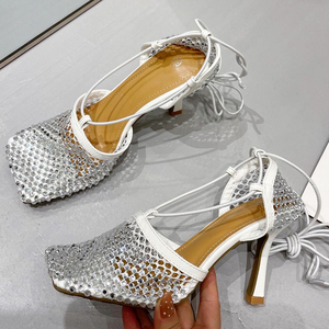 Nuevas Sandalias de Mujer con Punta Cuadrada de Cristal, Diseño de Red con Tiras Cruzadas, Zapatos de Fiesta y Pasarela, Cuero Genuino, Malla Transpirable, Tacones Altos - Product Image 3