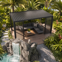 Pergola de jardin de luxe écologique motorisée bioclimatique en aluminium thermolaqué, pavillon permanent à toit rigide avec rideau