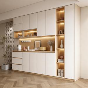 Buffet moderne à LED avec étagères ouvertes et tiroirs, vitrine blanche sans poignées pour salon, personnalisable - Product Image 2