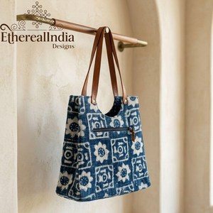 Blue Indigo Block Print Cotton Tote Bag Geometric Shoulder Bag Handmade Travel Market Tote - Product Image 6
