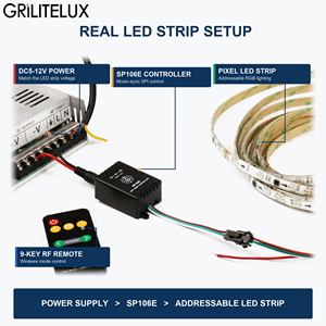 Contrôleur de bande LED RGB SP106E WS2812B, entrée 5V, 600 pixels, télécommande RF à 9 touches avec effets de couleur activés par le son - Product Image 5