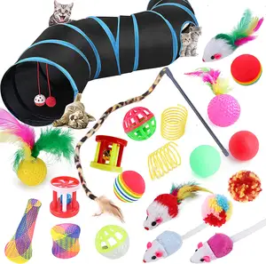 Jouets pour chats d'intérieur pour adultes, chaton interactif, Tunnel, souris, plume, baguette, jouet de printemps, 22 pièces