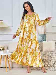 Abito Lungo Elegante da Donna Musulmana con Stampa, Scollo a V e Ampia Gonna, Stile Dubai Turchia Medio Oriente, <span class=keywords><strong>per</strong></span> Cerimonia di Laurea - Product Image 4