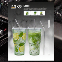 Gobelets en plastique à nervures avec couvercles et pailles, verts, réutilisables, incassables, design vintage, pour voiture, tasses à café glacé, brosse de nettoyage