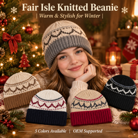 Bonnet tricoté jacquard chaud d'hiver pour femme, motif Fair Isle, bord roulé, style vintage, vente en gros, logo personnalisé