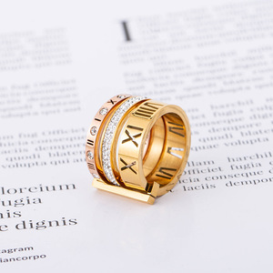 Anillo yunnique creativo de acero de titanio en oro rosa con diamantes, números romanos, tres anillos, regalo de joyería unisex - Product Image 2