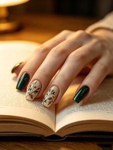 Uñas Postizas Green Leaf, Forma Cuadrada Mediana, Base <span class=keywords><strong>Verde</strong></span> Oscuro y Crema, Diseño de Ramas Pintadas a Mano, Puntas de Uñas Reutilizables - Product Image 6