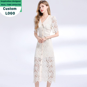 Robes décontractées élégantes pour femmes, style français, à manches courtes, en dentelle, col à revers, coupe ajustée - Product Image 1