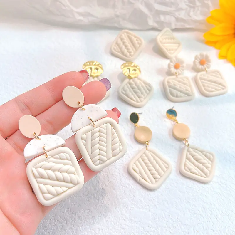 Promotion gift minimalist geometric shape soft handmade women white polymer clay earrings