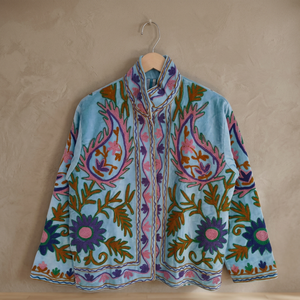 Wholesale Factory Custom <b>Women</b> Heavy Thread Embroidery Light Blue <b>Velvet</b> Jacket Casual Open Front Stand Collar Short <b>Coat</b> OEM - Product Image 2