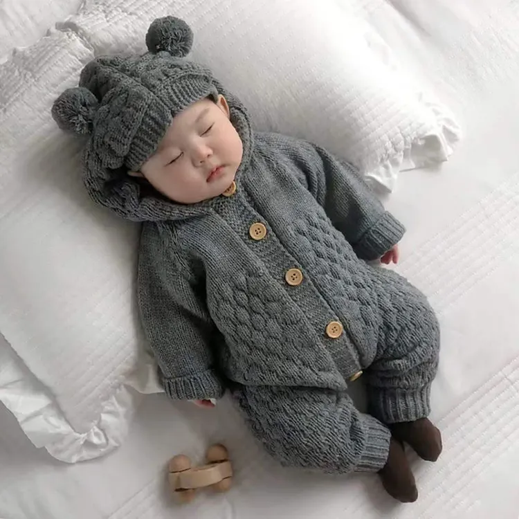 Neugeborene Säuglings wärme tragen Kapuzen overall Kleidung Baby Strick Stram pler Blue Sweater