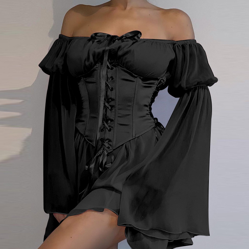 Vintage Chiffon Mini Dress Set Beach Style Long Sleeve Corset Bustier 2 Piece Dresses for Women's Summer Fashion Vintage Chiffon Mini Dress Set Beach Style Long Sleeve Corset Bustier 2 Piece Dresses for Women's Summer Fashion