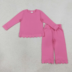 ชุดเซ็ต 2 ชิ้นสำหรับเด็กผู้หญิง สีพื้น แต่งชายเสื้อแบบสแกลลอป เสื้อแขนยาว สไตล์บูติก ชุดลำลอง - Product Image 5