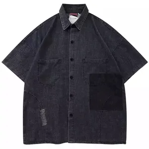 2022 Zomer Streetweardenim Korte Mouwen Button Up Shirt Denim Gewassen Zwarte Jeans Borstzakken Oversize Shirt 100% Katoen Contr