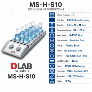 Agitatore Magnetico da Laboratorio a 10 Posizioni Multicanale con Piastra Riscaldante, 1100rpm, Riscaldamento 120°C, Motore DC Brushless per Miscelazione <span class=keywords><strong>Chimica</strong></span> - Product Image 2