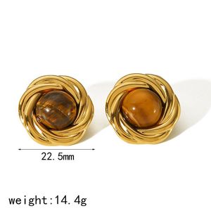 Pendientes de ojo de tigre en tono dorado, redondos, ovalados, con forma de flor, diseño geométrico, engaste de bisel, para mujer, joyería de moda - Product Image 5