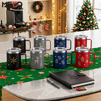 Tasses à café personnalisées de la série Noël avec logo, 12oz, 14oz, 16oz, en acier inoxydable 304, avec couvercle transparent et poignée, pour cadeau d'entreprise de Noël