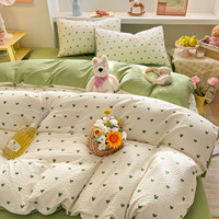 Ensemble de literie 3/4 pièces à imprimé cœur vert, drap de lit ultra doux et respirant, housse de couette en coton seersucker pour dortoir et maison