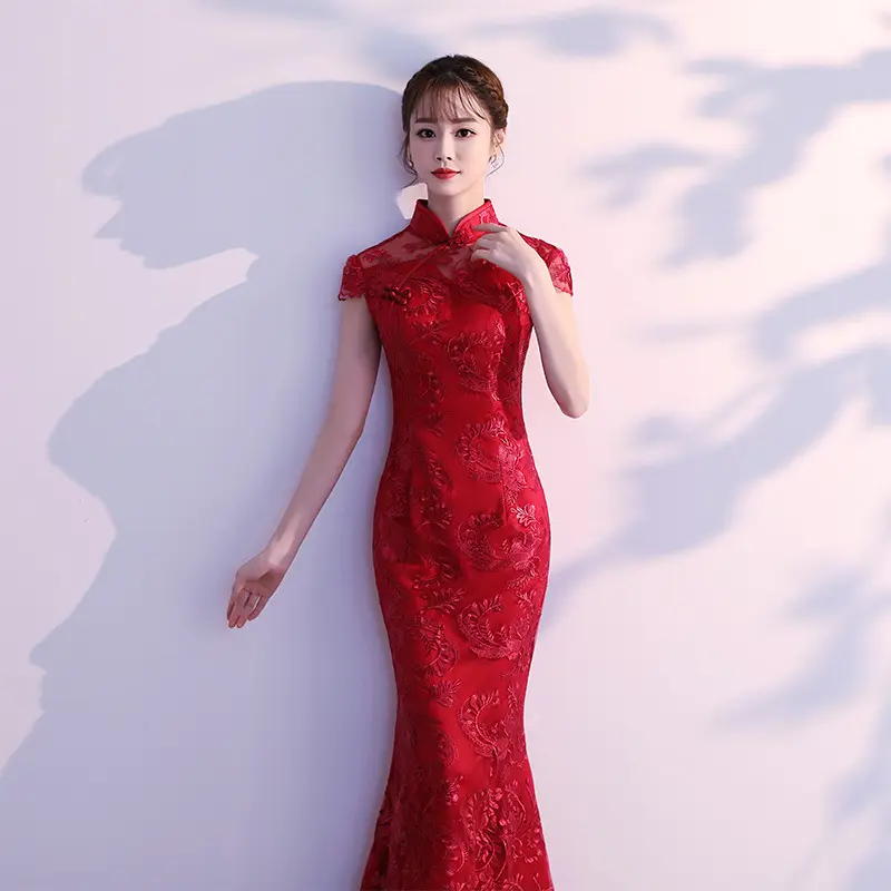 Váy Cưới Trung Quốc Truyền Thống Màu Đỏ Sườn Xám Dài Qipao Váy Nữ Cổ Điển Truyền Thống Cô Dâu Váy Phương Đông S-3XL Cỡ