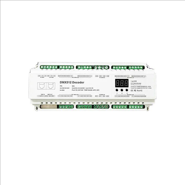 DIN Rail High-Power DMX512 Constant Voltage Decoder for Control of Single Color, Color Temperature, RGB, RGBW, RGBWY