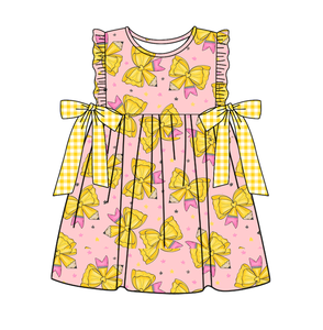 Vestido Corto Casual Personalizado para Niñas Pequeñas, con Estampado de Lápices, para Regreso a Clases, Primavera/Otoño, de Algodón y Elastano, Transpirable, con Volantes y Lazos - Product Image 1