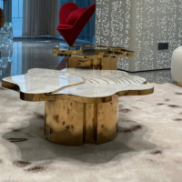 Table de salon de luxe en marbre et métal italiens Table à thé et café ovale créative à deux niveaux pour villas de forme irrégulière