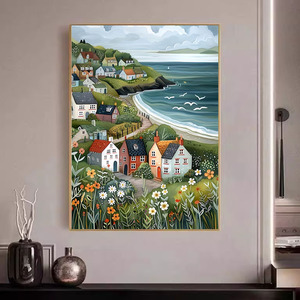 Peinture par numéros DIY Paysages de maisons de campagne en dessin animé, pigments Arida, kit de peinture avec toile imprimée pour la décoration intérieure - Product Image 1