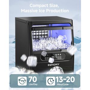 Machine à glaçons Euhomy 70 lb/24h, 36 cubes, 8-12 min, sous comptoir, avec filtre à eau, capacité 12 lb, machine à glaçons commerciale - Product Image 2