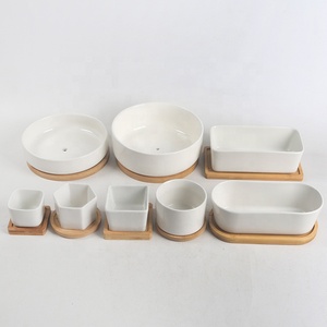 Pot de fleurs en céramique <span class=keywords><strong>rond</strong></span> blanc de grande taille pour plantes d'intérieur, décoration de bureau, avec plateau en bois - Product Image 1