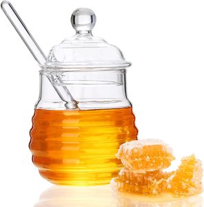 Pot à miel en verre borosilicate haut de gamme fait main, forme nid d'abeille, avec couvercle, pour le stockage du miel - Product Image 1