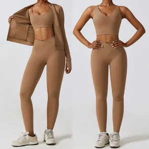 Custom Logo 3 Piece Yoga Set Mujer Women Gym Wear Set With Zipper Jacket