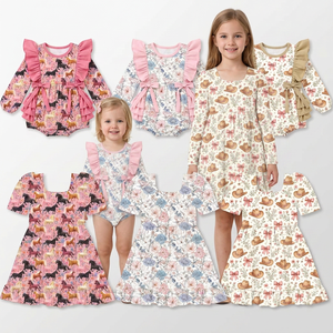 Vestido Tipo Romper para Bebés y Niñas Pequeñas, Estampado Floral, Manga Corta, Línea A, Largo hasta la Rodilla, Estilo Lindo para Primavera y Otoño, Venta al Por Mayor - Product Image 1
