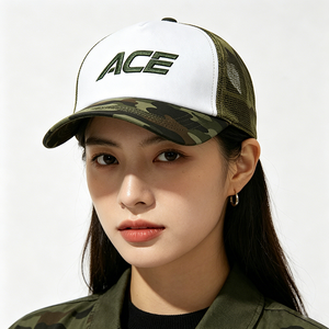 Casquette de baseball unisexe personnalisée ACE brodée, motif camouflage, deux tons, devant blanc, dos en maille, 5 panneaux, printemps/été, sports de plein air - Product Image 1