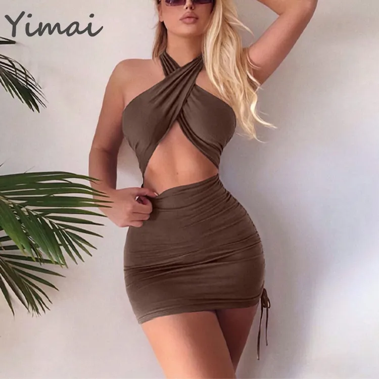 Custom Summer New 100% Polyester Off-Shoulder Drawstring Halter Mini Dress Hollow Out Backless Black Sexy Casual Women Dresses