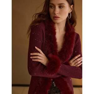 Plush Collar Fitted <b>Cardigan</b> <b>Burgundy</b> <b>Women's</b> <b>Cardigans</b> - Product Image 6