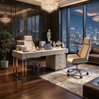 Bureau de direction moderne de luxe avec plateau en marbre, portable, écologique, avec armoire latérale de rangement, pieds en métal doré, pour bureau à domicile