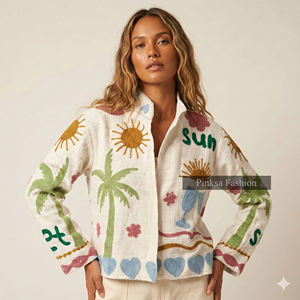 เสื้อแจ็คเก็ตวาร์ซิตี้ผ้ากำมะหยี่ถักลายดอกไม้สไตล์โบฮีเมียนสำหรับฤดูใบไม้ร่วงและฤดูหนาว ป้องกันรอยยับ เป็นมิตรกับสิ่งแวดล้อม กันลม ระบายอากาศได้ดี ลายซูซานี - Product Image 1